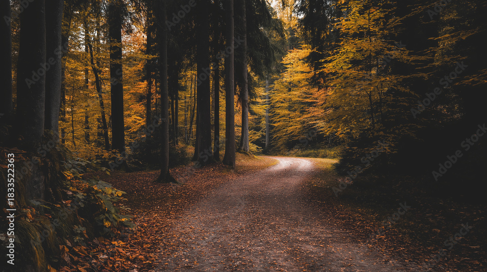 Fototapeta premium narrow. Narrow forest path with autumn leaves and dappled sunlight. representing seasonal cycles and harvest abundance, travel magazines, designed for travel destination branding.