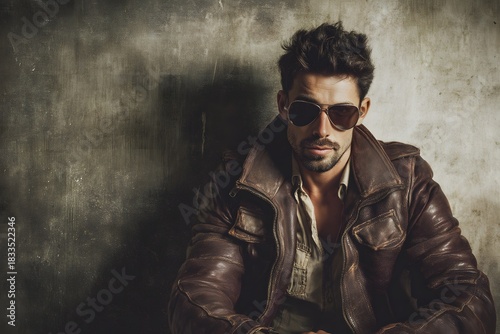 Confident man poses in front of a textured gray wall wearing brown leather jacket