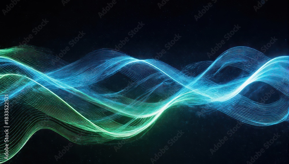 Fototapeta premium Abstract depiction of flowing, illuminated wave forms against a dark, starry background