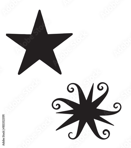  distinct black star graphics presented as solid shapes, featuring a classic five-pointed star and a decorative sun shape with curled rays