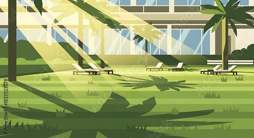 Relaxing summer resort destination with palm trees and deckchairs