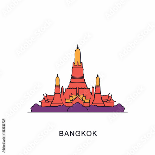 Colorful but minimalist 2D icon of Bangkok showing a stylized Wat Arun silhouette with smooth ornamental curves