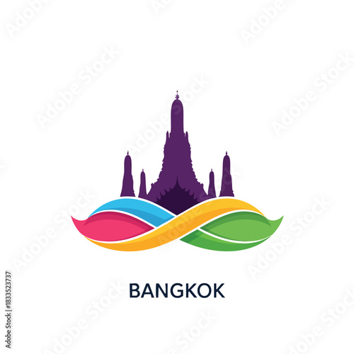 Colorful but minimalist 2D icon of Bangkok showing a stylized Wat Arun silhouette with smooth ornamental curves