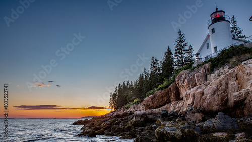 Bass Harbor Head Light Station, Bar Harbor, Maine - Acadia National Park Rocky Shore View Sunset