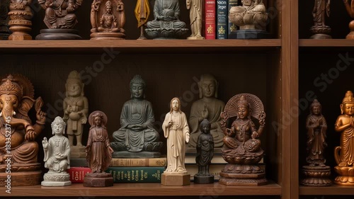 A collection of religious and spiritual figurines displayed on wooden shelves