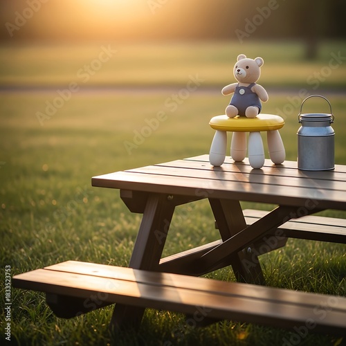 Teddy bear on a picnic table with a tin can, sunlit meadow scene