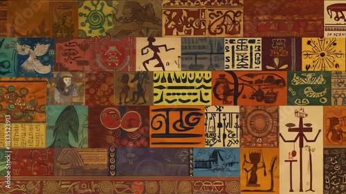 A dense mosaic of cultural and symbolic imagery in rectangular panels