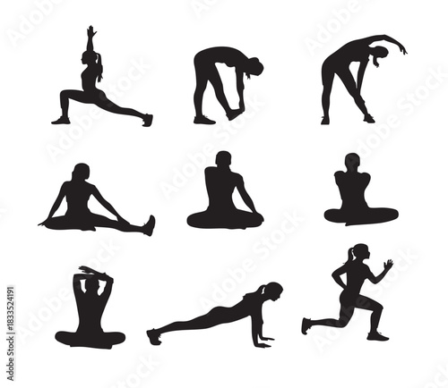 Silhouettes of diverse women stretching and exercising in various poses, yoga and fitness on transparent background