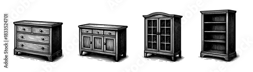 Storage cabinets vintage engraving icons set