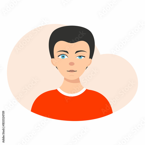 Young person with short hair wearing a red shirt and looking directly at the viewer in a simple background