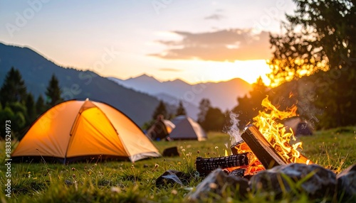 キャンプ テント 焚き火 炎 炎上 火 薪 自然 山 登山 草原 夕焼け 夕暮れ 景色 風景 アウトドア 旅行 冒険 夜空 星