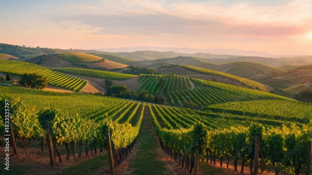 Fototapeta premium A serene vineyard on rolling hills, bathed in warm sunlight during a golden sunset