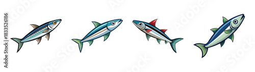 Cartoon fish illustration of four blue and silver fish swimming in a group aquatic life art