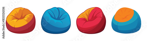 Colorful bean bag chairs set vector illustration for home decor and relaxation furniture design