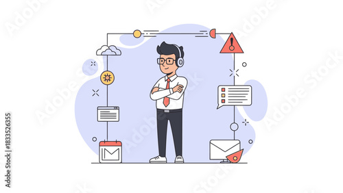Illustrated man with headset stands amidst icons representing workflow, communication, and potential issues.