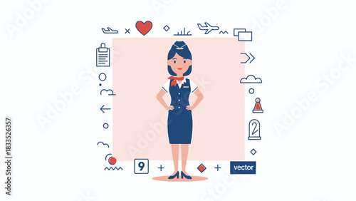 A stewardess stands in uniform against a pink backdrop, framed by aviation-themed icons.