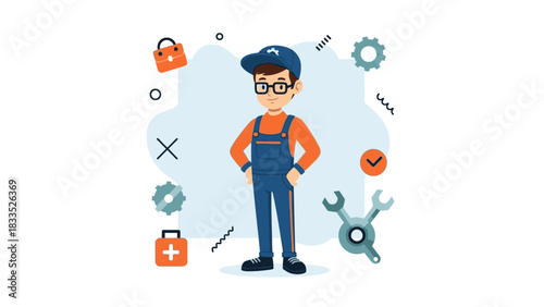 A cartoon mechanic stands confidently, surrounded by tools and equipment icons, ready for work.