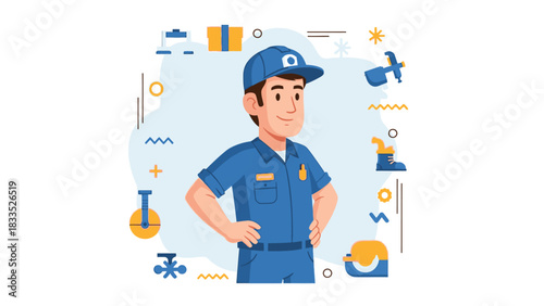A cartoon illustration of a plumber standing confidently, surrounded by tools.