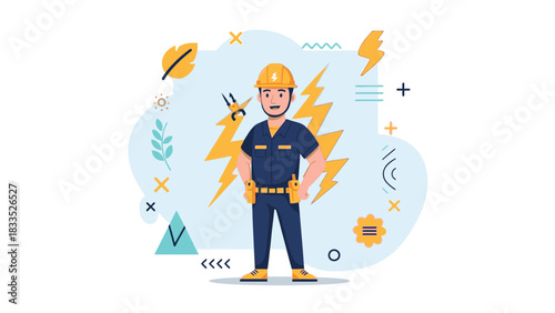An electrician stands confidently, surrounded by electrical symbols and decorative elements.