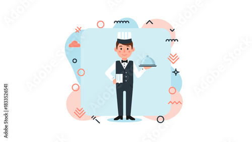 Cartoon illustration of a waiter holding a covered dish and a napkin, against a colorful abstract background.