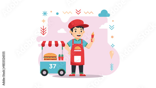 Cartoon vendor in red apron holds ketchup next to a burger cart with decorative elements.