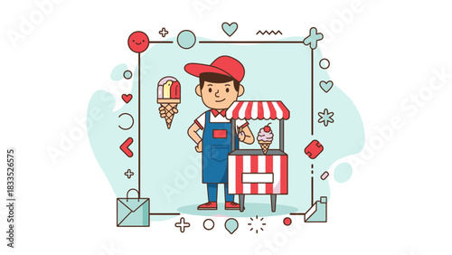 A cartoon ice cream vendor stands proudly beside his colorful cart, ready to serve treats.
