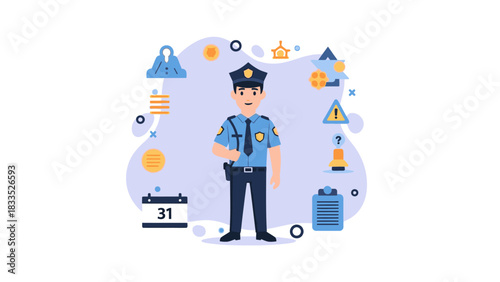 Cartoon policeman standing with a badge, surrounded by icons representing various aspects of his job.
