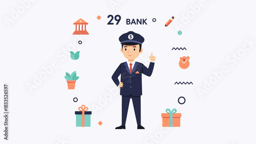 A cartoon banker in uniform pointing upwards, surrounded by icons.