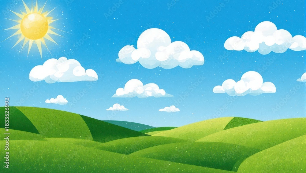 Obraz premium A cartoon landscape features a bright sun, fluffy clouds, and rolling green hills under a blue sky