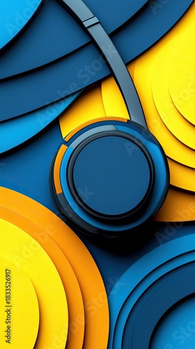 Abstract design of headphones in blue, yellow, and orange colors. Modern and creative concept.