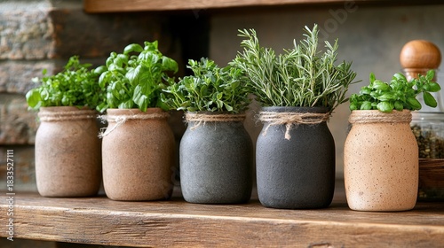 Close-up of various fresh herb plants, including basil and rosemary, growing in decorative jars on a wooden shelf, creating a rustic and natural aesthetic.