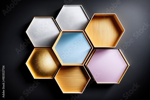 A modern interior design concept featuring a cluster of hexagon-shaped shelves with various textures and colors against a dark background.