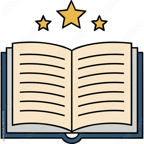 Open Blue Book With Cream Pages Showing Knowledge And Learning With Three Golden Stars Above On A White Background With Soft Shadows