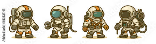 Space explorers cartoon icons set, astronaut suits and equipment