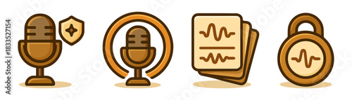 Voice biometrics cartoon icons set, secure microphones and audio