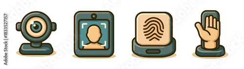 Biometric scanners cartoon icons set, face fingerprint and palm access