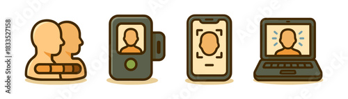 Face identification cartoon icons set, devices and login