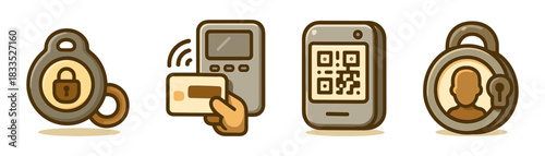 Access credentials cartoon icons set, cards and locks