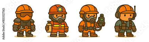 Miners and safety workers cartoon icons set, tools AND equipment