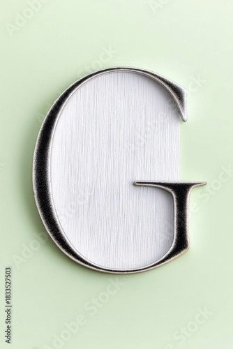 A close-up shot of the letter G in silver and white, set against a soft green background.