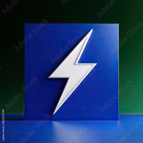 A white lightning bolt symbol on a blue square against a green background, with a reflective blue surface below. Modern design.