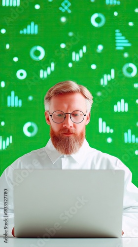 A man with a beard and glasses is working on a laptop. He is in an office setting with a green background displaying data visualizations.