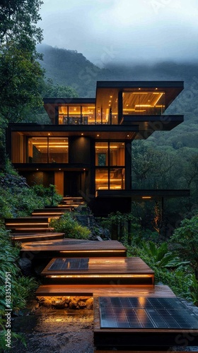A modern, multi-story house is built into a hillside, featuring illuminated wooden stairs leading to the entrance. The scene is set at dusk, with soft lighting.