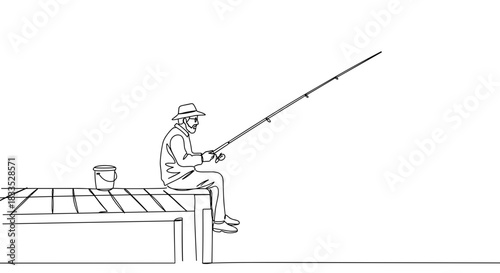 Line drawing of a fisherman sitting on a wooden pier, fishing peacefully with a rod, early morning light, isolated on a transparent background