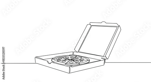 Line drawing of a pizza box opened with a delicious pizza inside, on a transparent background, showcasing the intricate toppings and cheese details in a minimalist style.