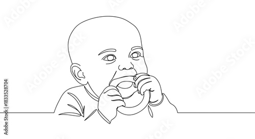 Line drawing of a cute baby eating a round cookie while sitting at a table with visible facial expression and hand gestures on a transparent background