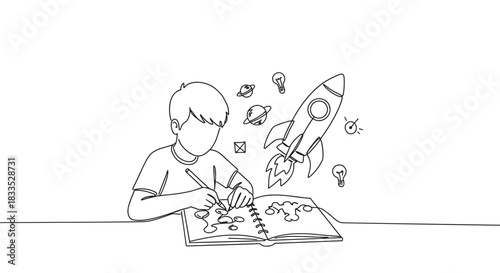 Line drawing of a young boy drawing a rocket and planets in a notebook while sitting at a table on a transparent background