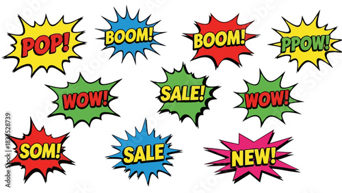 Comic Book Style Word Bubbles with Exclamations - Pop, Boom, Wow, Sale, New.