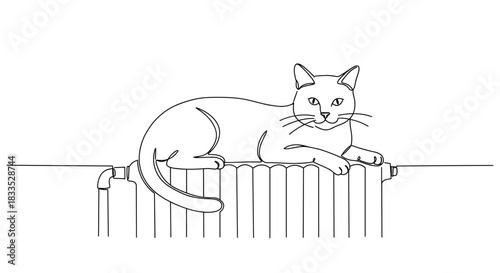 Line drawing of a relaxed domestic cat lounging on a wooden fence in a tranquil outdoor setting with soft sunlight filtering through the trees, isolated on a transparent background