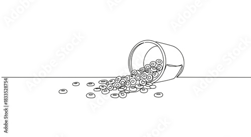 Line drawing of a spilled cup with coins spilling out on a flat surface, showcasing the intricate details of the coins and the cup on a transparent background